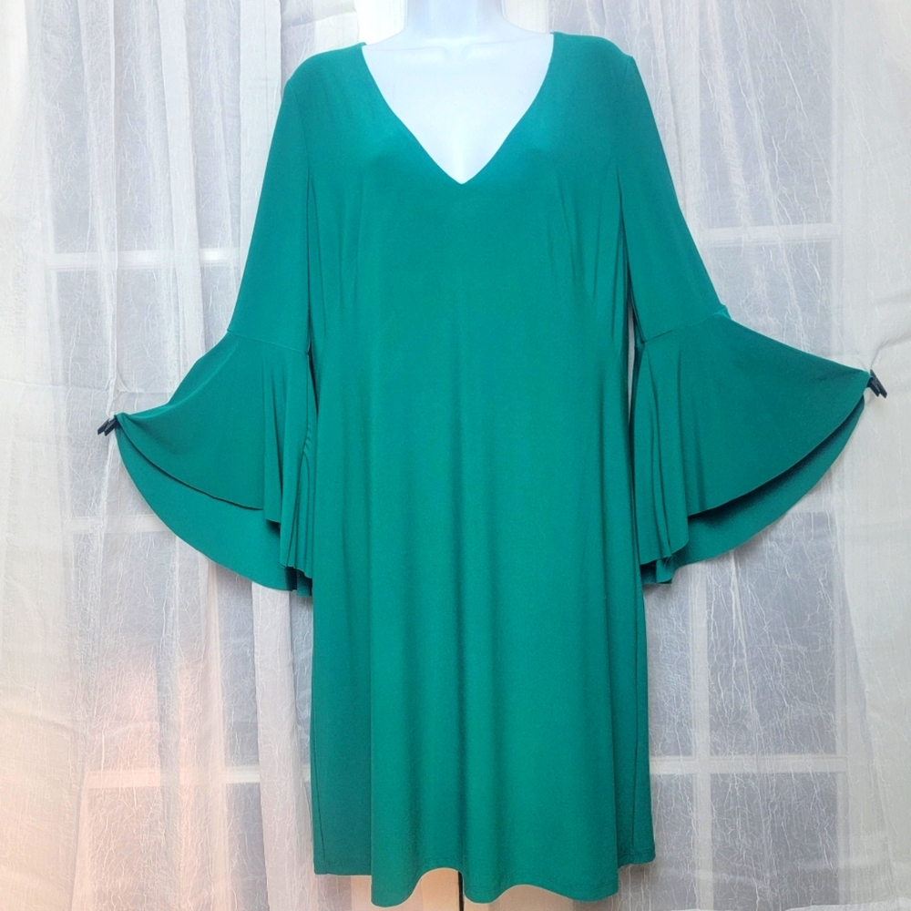 Lauren Ralph Lauren Green Flounce Bell Sleeve Shift Dress Sz 12 Lined Cocktail